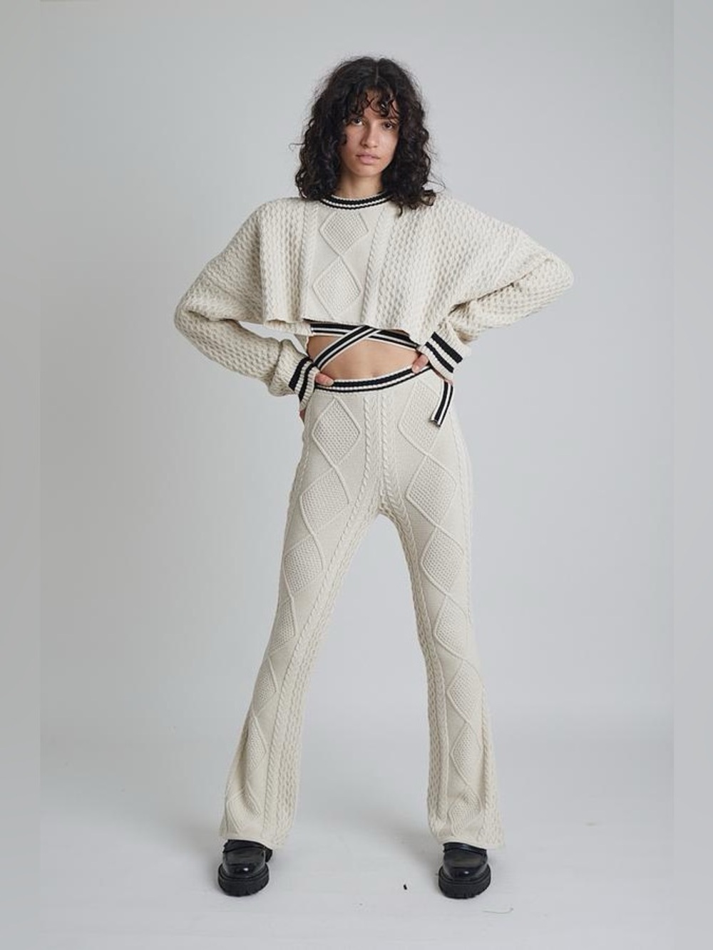 Cream Cable-Knit Flared Pants